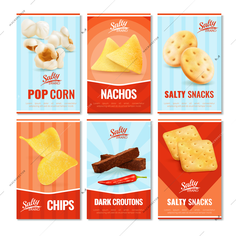 Salty snacks cards collection of six vertical ads with realistic images of small snack pieces and text vector illustration