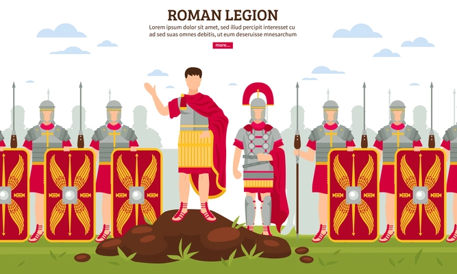 Ancient rome legionary flat webpage banner with army infantrymen in full armor with shields vector illustration