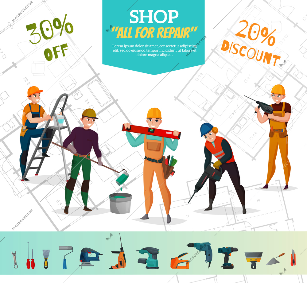 Advertising poster with construction workers in uniform on scheme background, icons set with building tools vector illustration