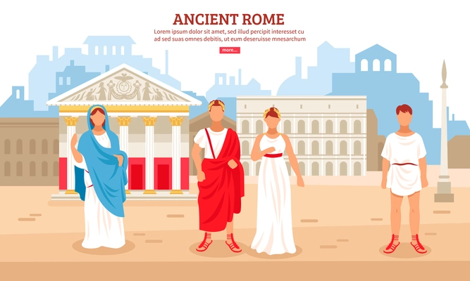 Ancient rome flat composition poster with imperial couple and plebeians citizens characters and pantheon in background vector illustration