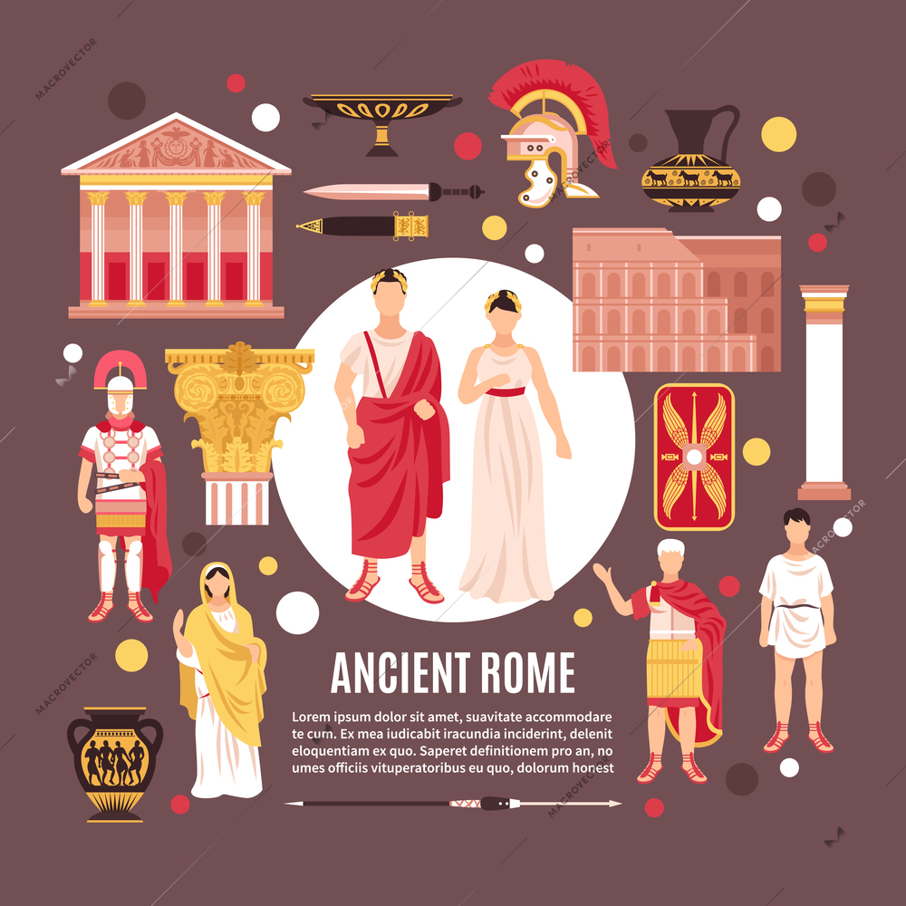 Ancient rome citizens culture architecture historic monuments flat composition poster with pantheon colosseum pottery legionary vector illustration