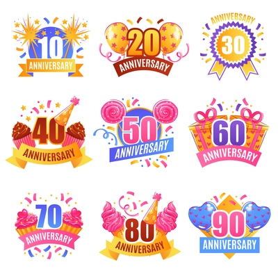 Anniversary numbers for presents decoration cake tops 9 festive images collection with sparkling lights isolated vector illustration