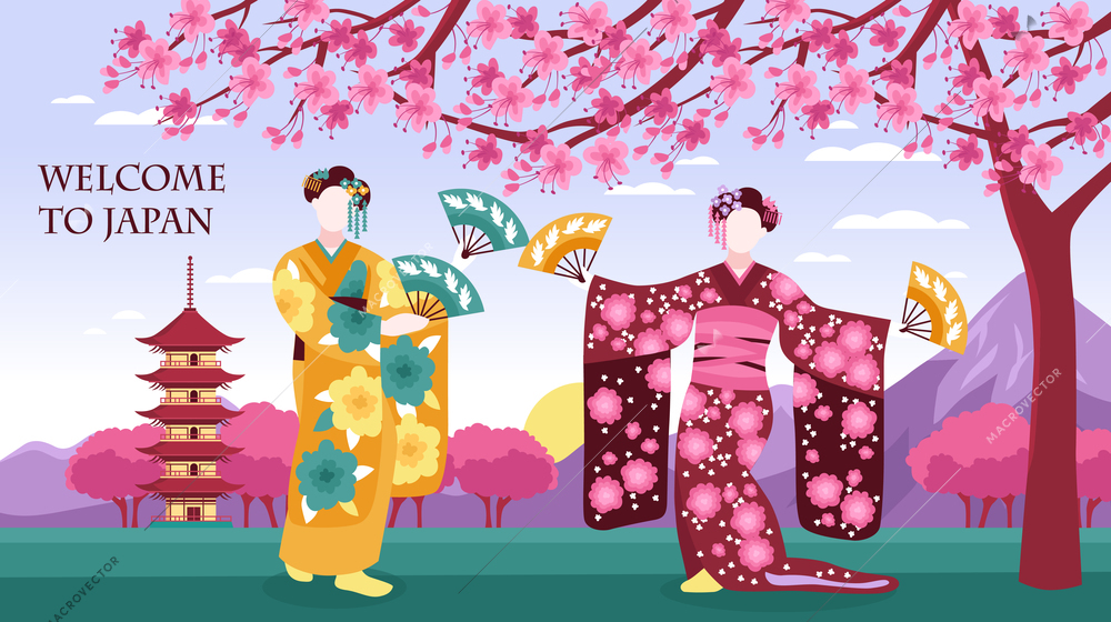 Ancient japan culture tourists attraction banner with women in traditional kimono sakura blossom pagoda mountains vector illustration