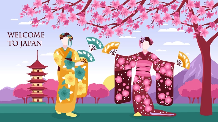 Ancient japan culture tourists attraction banner with women in traditional kimono sakura blossom pagoda mountains vector illustration