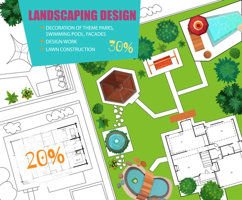 Project of landscape design top view poster with blueprint, scheme of house, pool, lawn decorations vector illustration