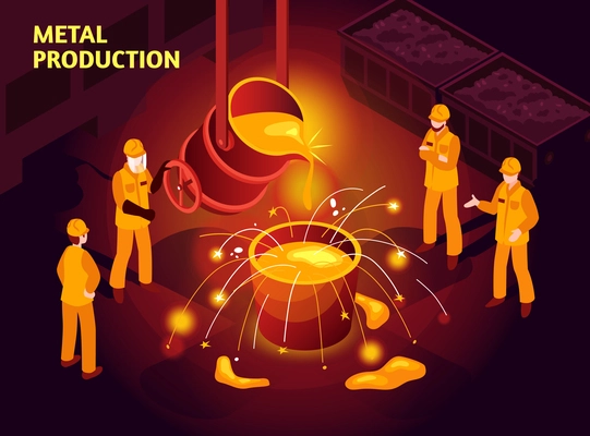 Metal production isometric poster with steel makers in foundry pouring molten cast iron in mold vector illustration