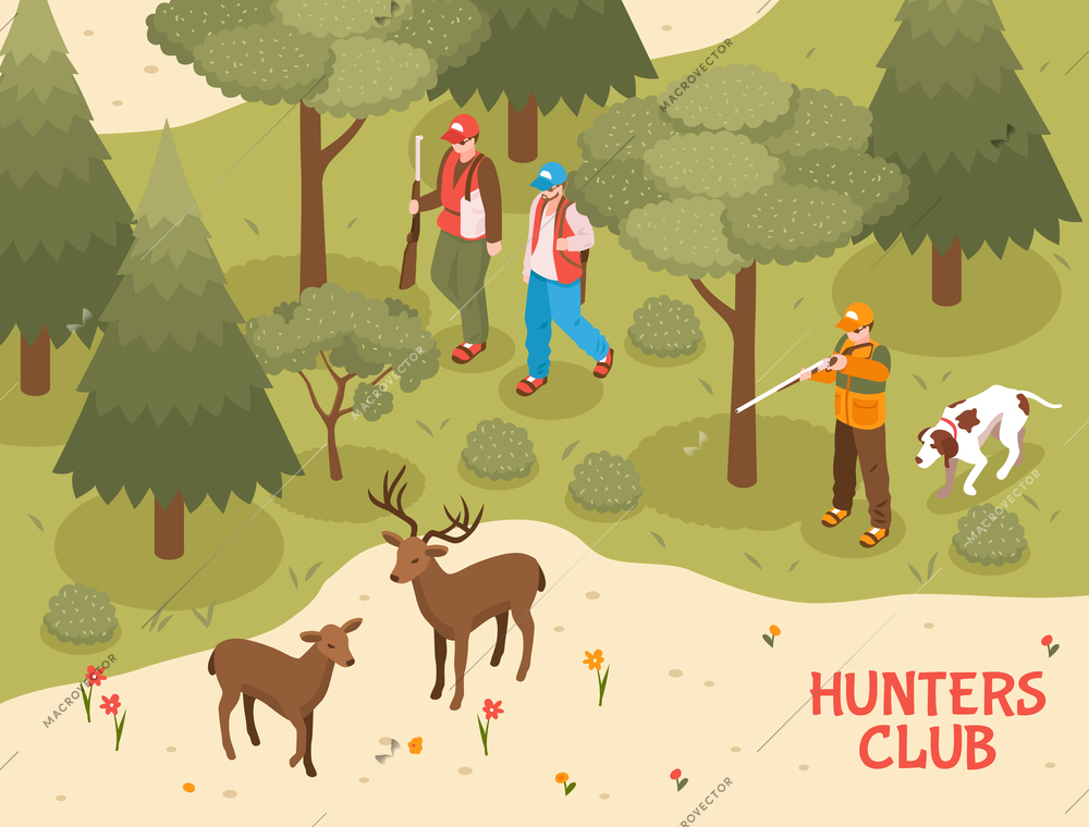 Hunters club season activities isometric poster with gun dogs assisting gunmen shooting deer in forest vector illustration