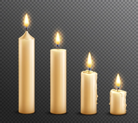 Burning wax candles realistic set of 4 arranged from tall to law on dark transparent background vector illustration