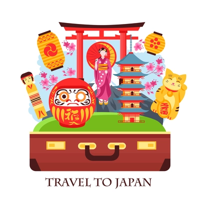Japan travel concept colorful composition with antique suitcase gate geisha pagoda lanterns maneki neko cat vector illustration