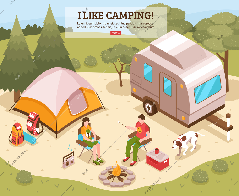 Family summer vacation hiking camping site isometric webpage design with tent open fire tourists backpacks vector illustration