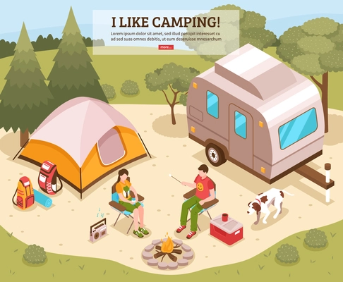 Family summer vacation hiking camping site isometric webpage design with tent open fire tourists backpacks vector illustration