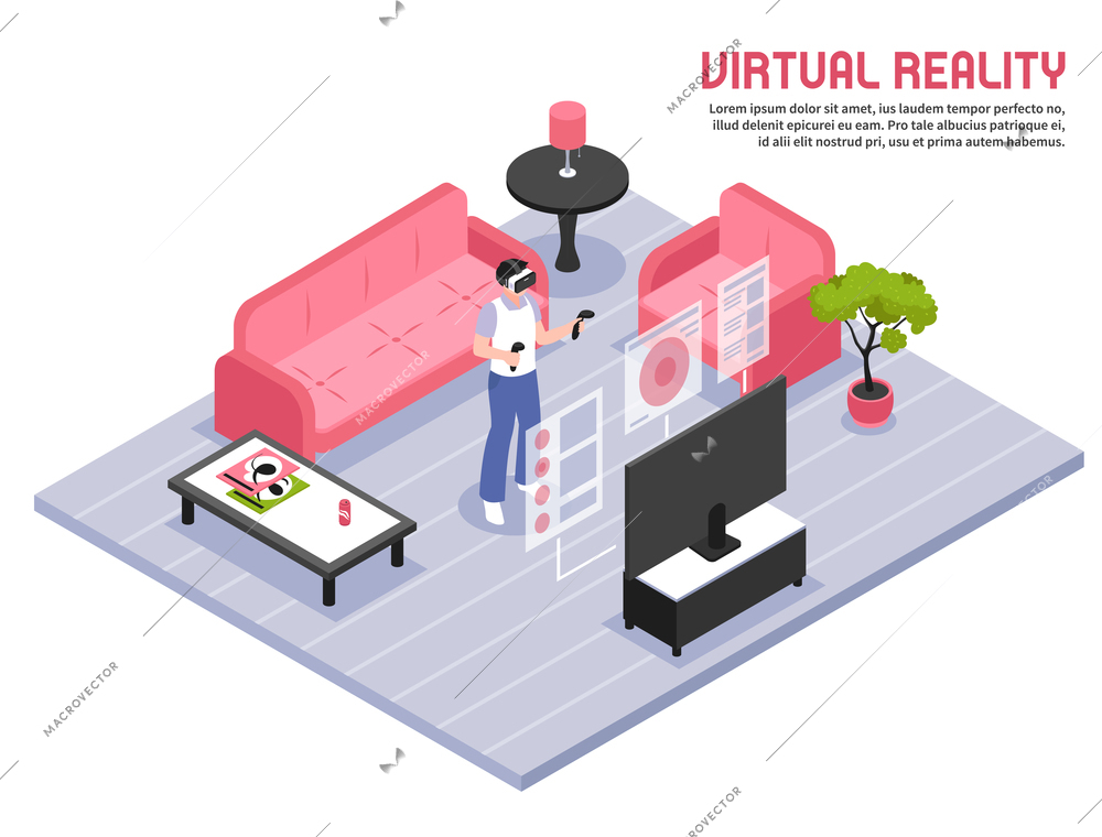 Virtual reality full screen immersive experience isometric composition with person in headset standing home with two controllers vector illustration