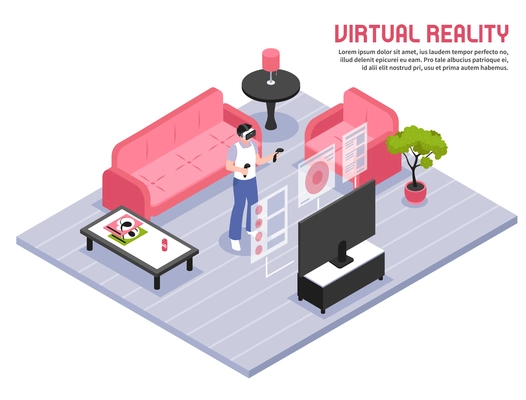 Virtual reality full screen immersive experience isometric composition with person in headset standing home with two controllers vector illustration