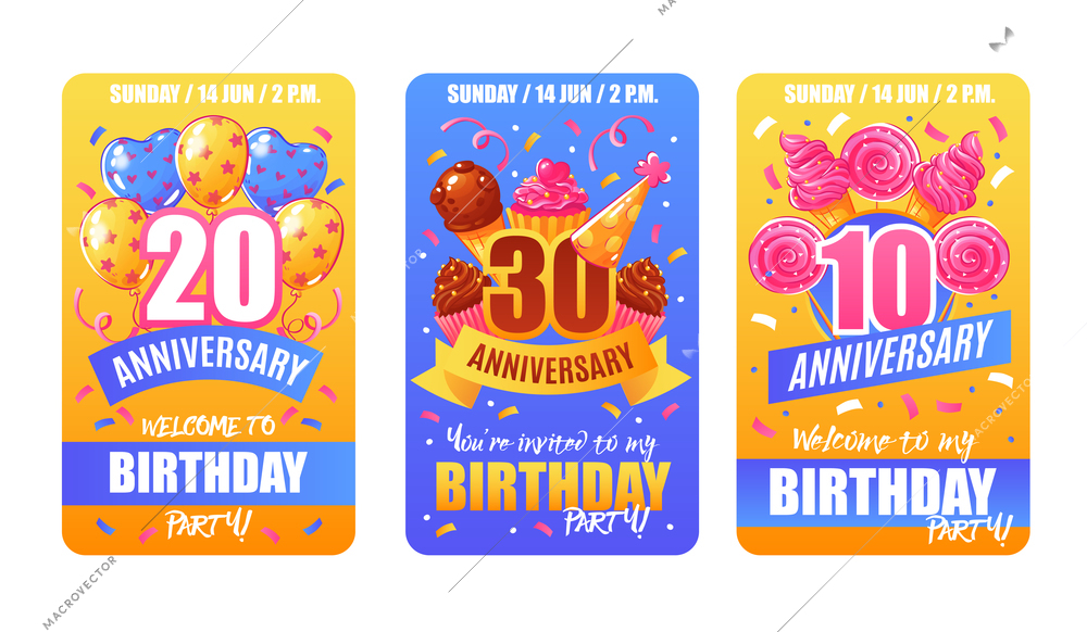 Birthday party anniversary celebration 3 festive invitation cards banners collection with numbers confetti cakes balloons isolated vector illustration