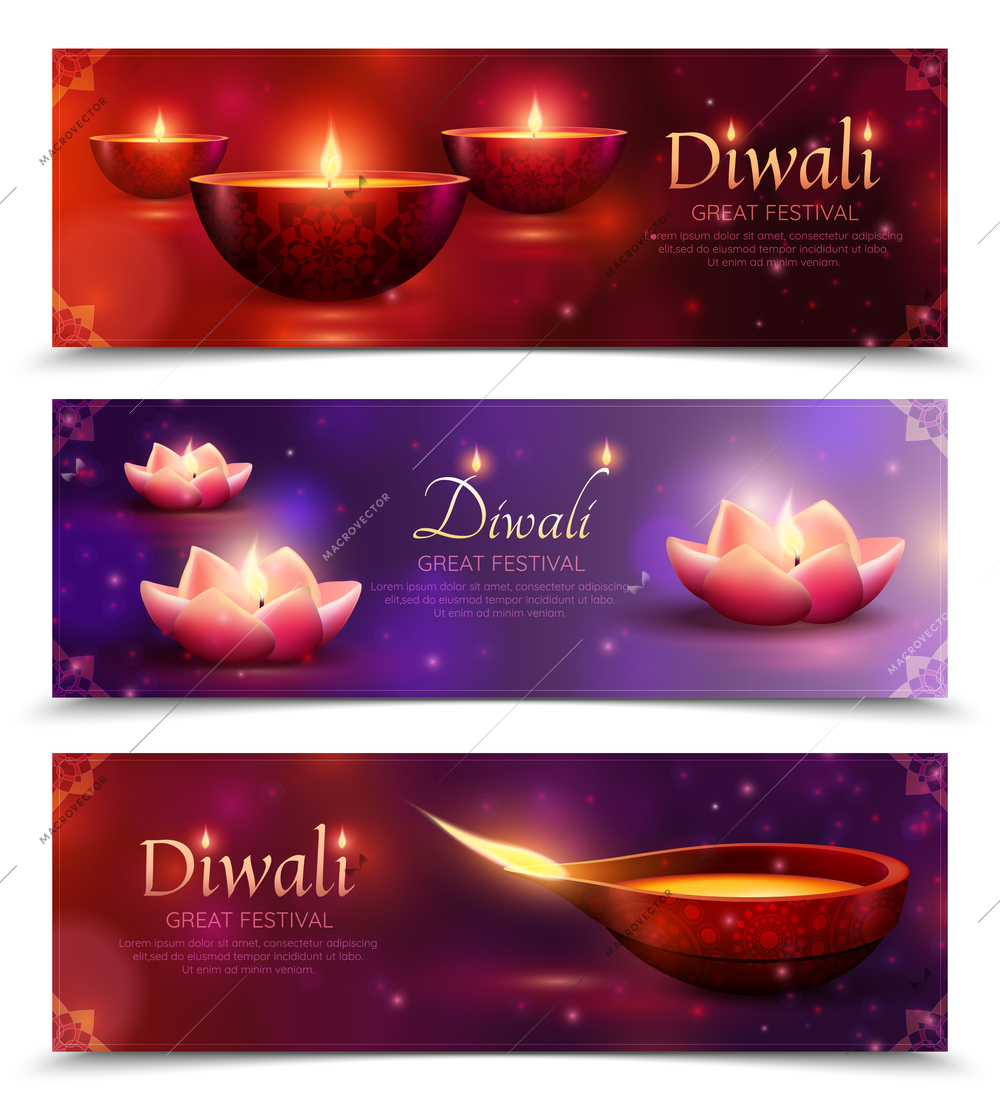 Diwali celebration set of horizontal banners with burning oil lamps on sparkling dark background isolated vector illustration