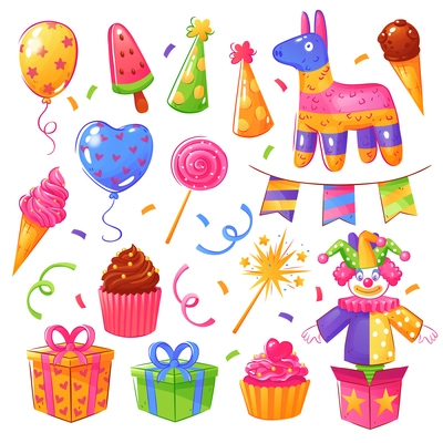 Birthday party celebration presents cakes accessories festive decorations elements collection with confetti balloons hats isolated vector illustration