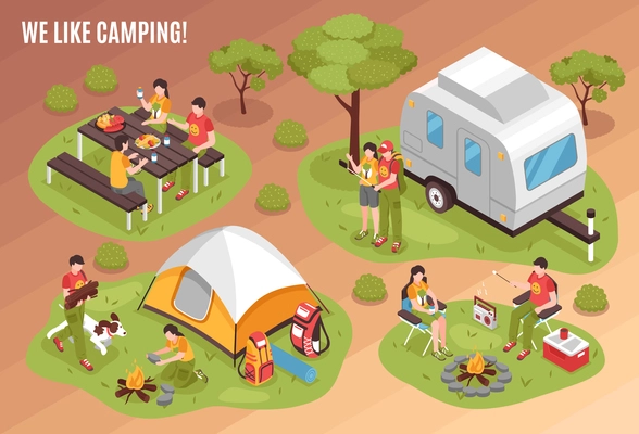 Summer camping hiking family vacation isometric set with barbecue tent camper pets open fire isolated vector illustration