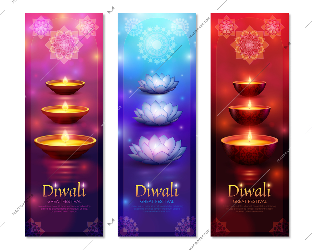 Diwali set of vertical banners with burning lanterns isolated on blurred background with rangoli vector illustration