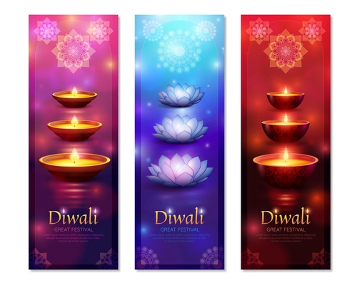 Diwali set of vertical banners with burning lanterns isolated on blurred background with rangoli vector illustration