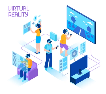 Virtual reality isometric composition with people in headsets immersing in vr world holding motion controllers vector illustration