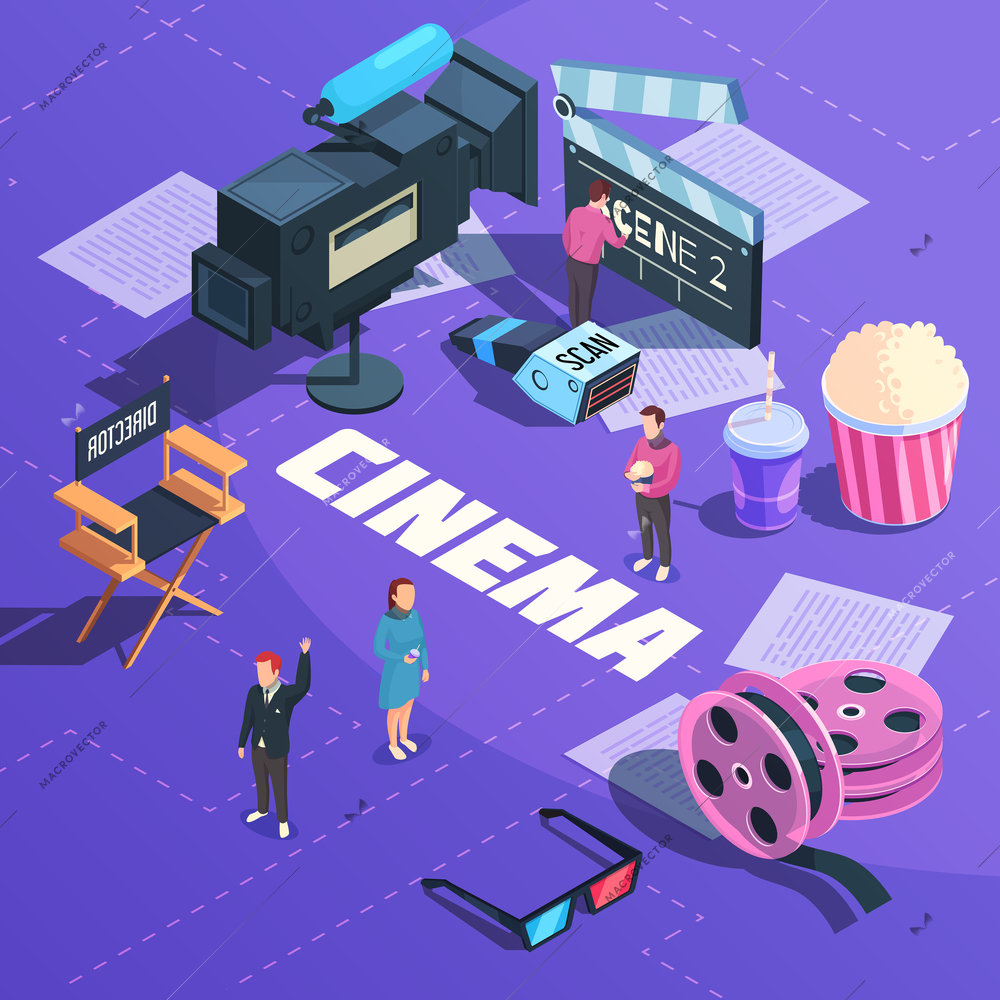 Cinema isometric composition on purple background with movie equipment, pages of script, staff, snacks vector illustration