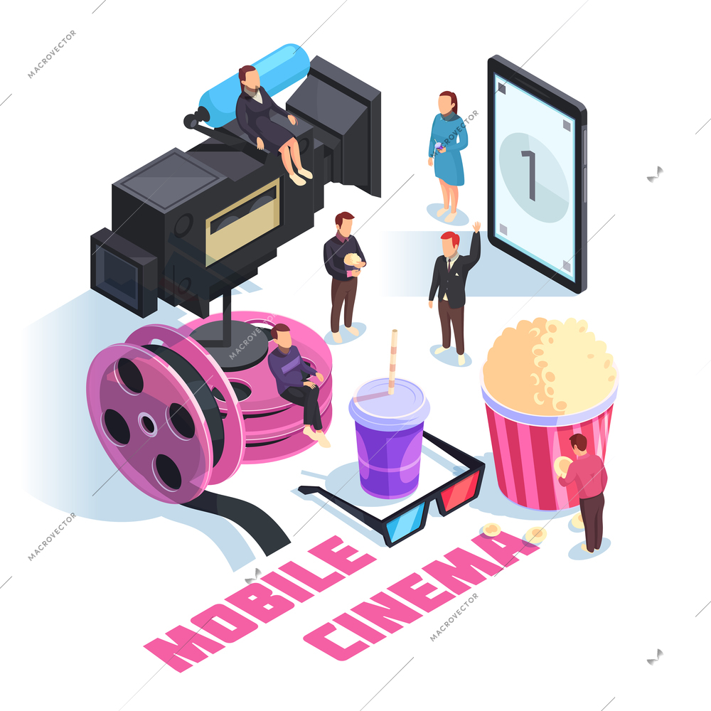 Mobile cinema isometric concept on white background with staff, smart phone, camcorder, film reel, snacks vector illustration