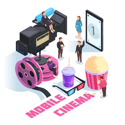 Mobile cinema isometric concept on white background with staff, smart phone, camcorder, film reel, snacks vector illustration