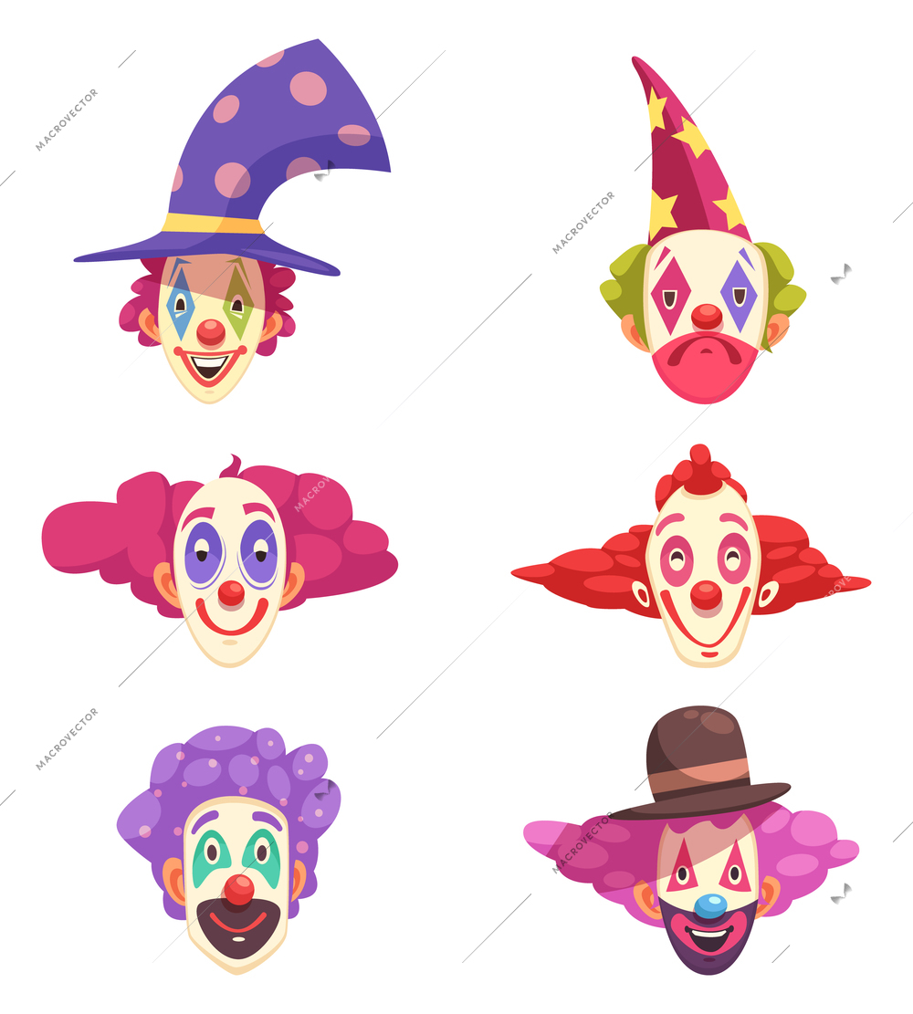 Masks of clowns set with various grimaces on faces and colorful curly hair isolated vector illustration