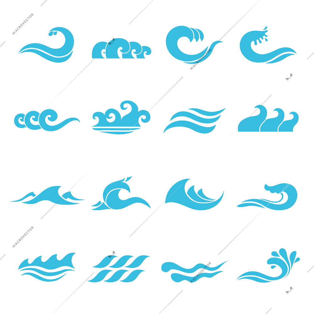 Waves flowing water sea ocean icons set isolated vector illustration