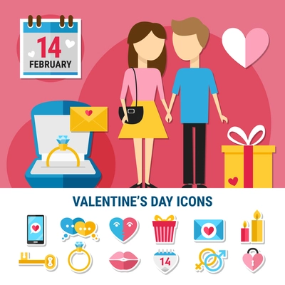 Colored flat valentines day icon set with icons combined in composition couple in love vector illustration