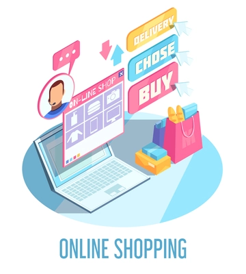 Online shopping isometric composition including products choice on internet site, electronic payment and delivery vector illustration