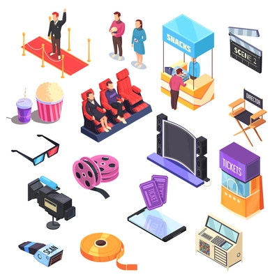 Cinema set of isometric icons with movie equipment, mobile tickets, snacks, audience in chairs isolated vector illustration