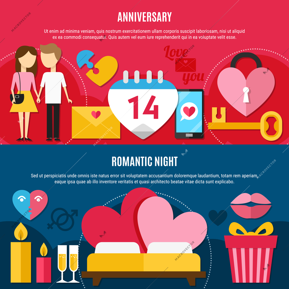 Two horizontal and colored flat Valentines day banner set with anniversary and romantic night descriptions vector illustration