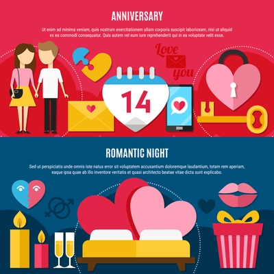 Two horizontal and colored flat Valentines day banner set with anniversary and romantic night descriptions vector illustration