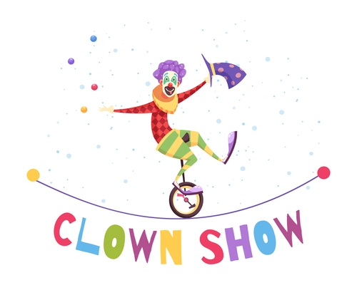 Clown show composition with juggler in colorful costume on unicycle on tightrope on light background vector illustration