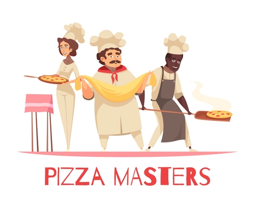 Professional cooking of pizza composition on white background with culinary masters, dough and prepared dish vector illustration