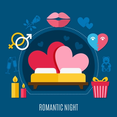 Colored valentines day flat composition with romantic night headline and bed for two vector illustration