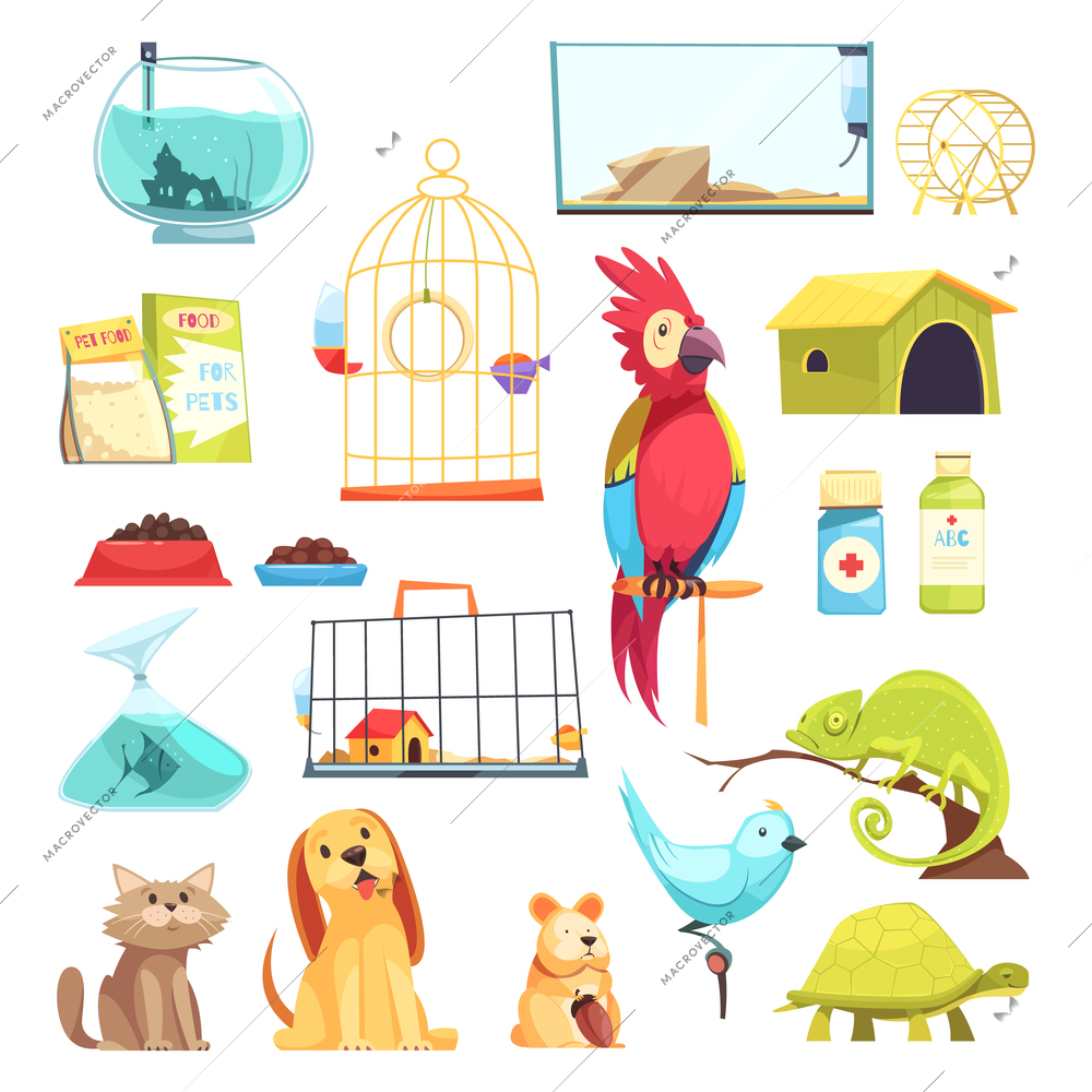 Pet shop set with domestic animals, dry feed, medicines, cages and aquariums isolated vector illustration