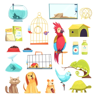 Pet shop set with domestic animals, dry feed, medicines, cages and aquariums isolated vector illustration