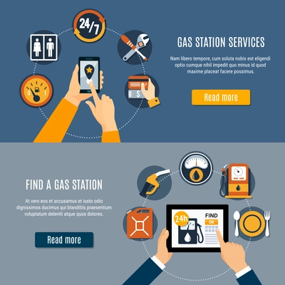 Gray fuel pump composition set with gas station services and find her descriptions vector illustration