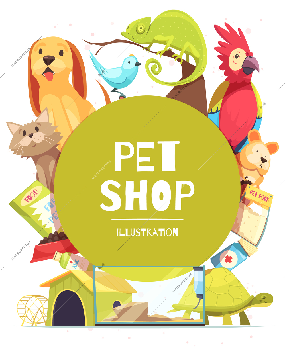 Pet shop background with green round frame, animals, food, medicines, canine home and aquarium vector illustration