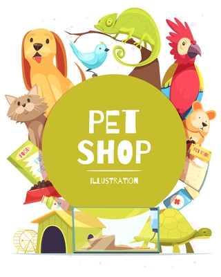 Pet shop background with green round frame, animals, food, medicines, canine home and aquarium vector illustration