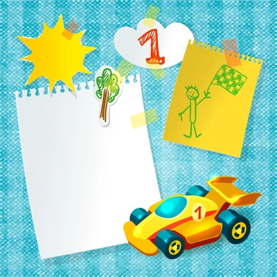 Toy racing car child postcard template with paper  stickers vector illustration