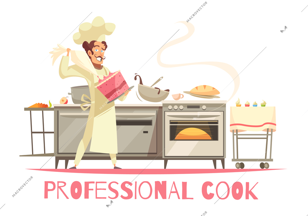 Professional cook during cake making composition on white background with kitchen equipment and culinary tools vector illustration