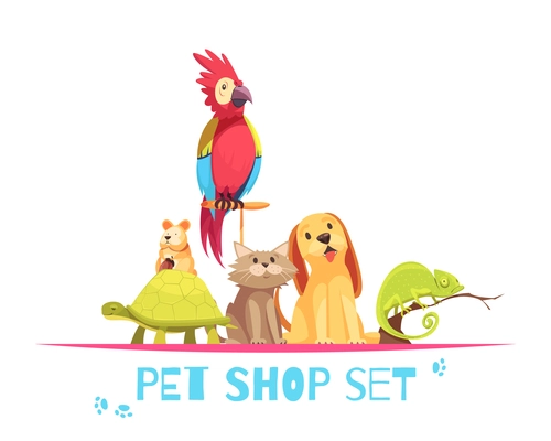 Pet shop composition with domestic animals parrot, hamster, chameleon, dog and cat on white background vector illustration