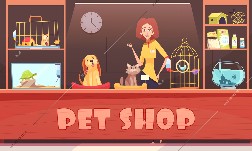 Pet shop interior with woman seller, home animals, shelves with accessories, feeds and medicines vector illustration