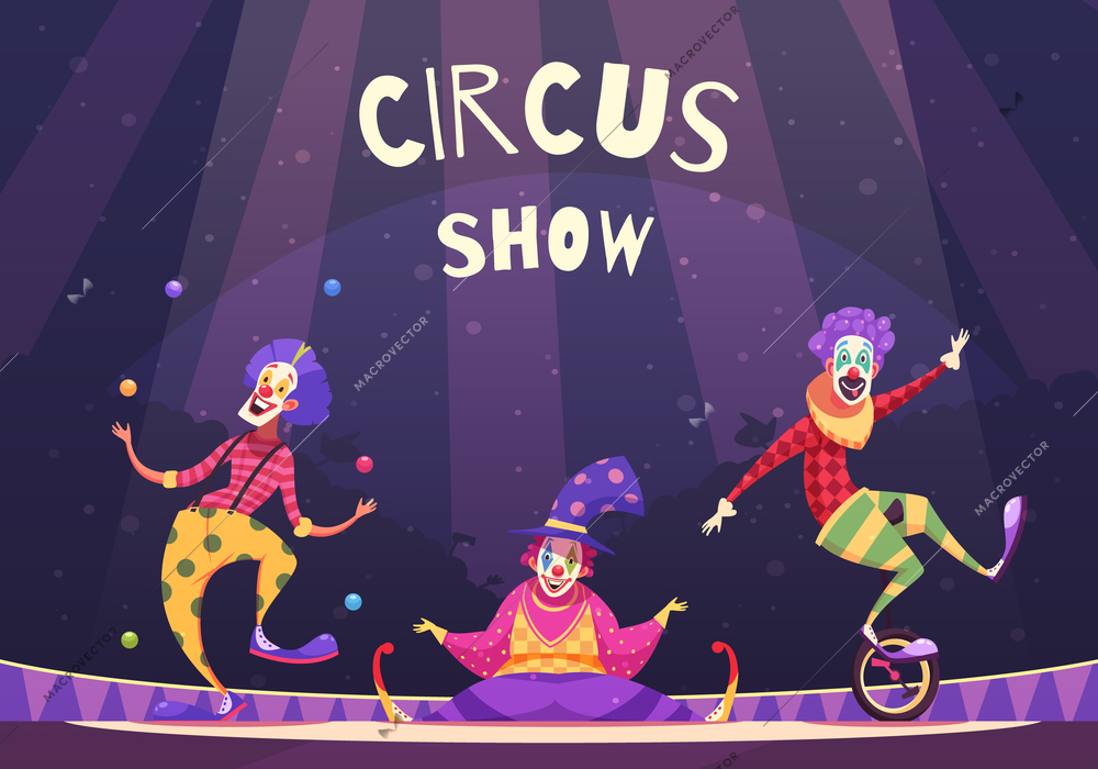 Circus show with clowns on arena including juggler, comedian, performer on unicycle, on purple background vector illustration