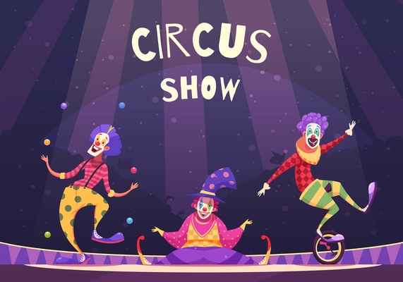 Circus show with clowns on arena including juggler, comedian, performer on unicycle, on purple background vector illustration