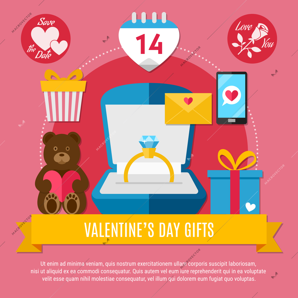 Pink Valentines day composition with holiday gift ring bear sms letter and surprise vector illustration