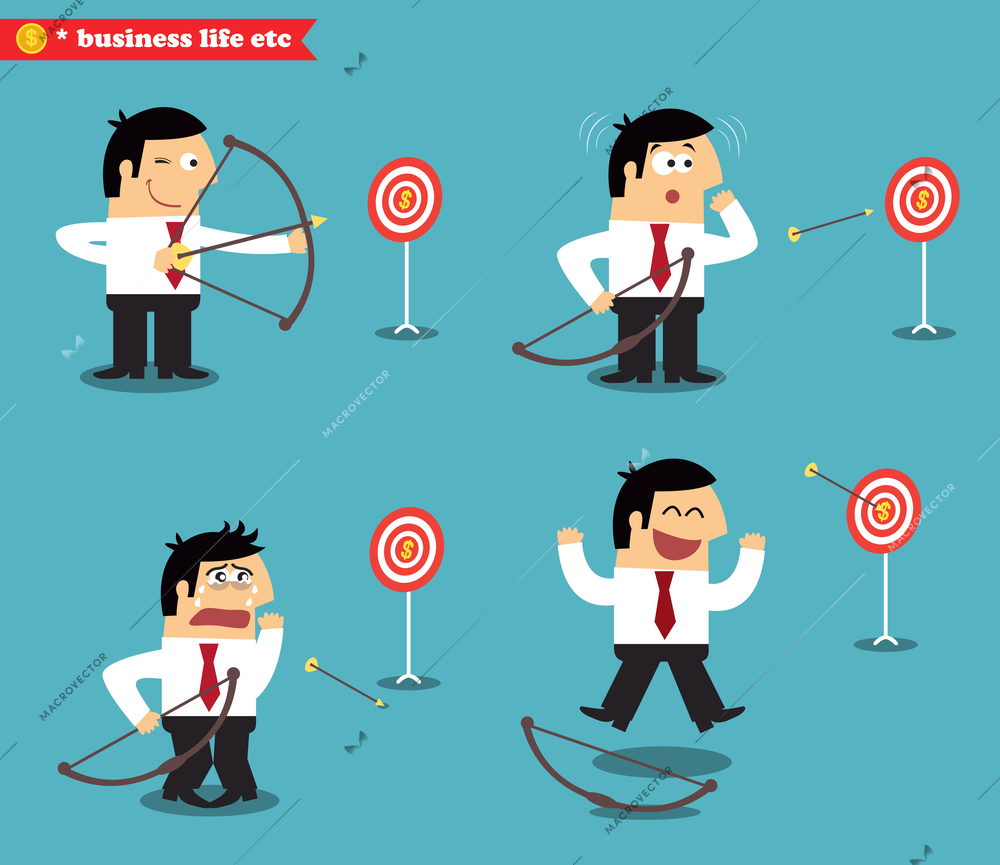 Business man goal statuses icons set vector illustration